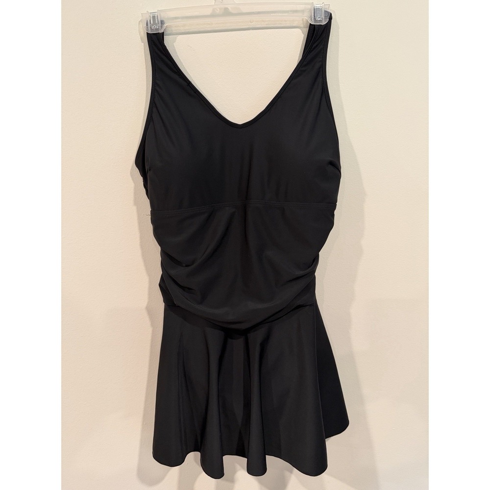Younique Black Swim Dress One Piece Swimsuit Womens Large Ruched Skirt
